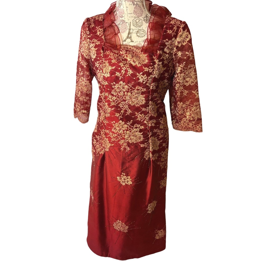 Red‎ Gold Floral Lace Cheongsam Dress Mandarin Collar Evening SZ 6/8 Holida